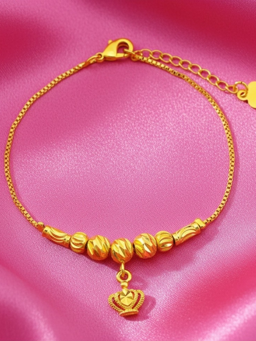 18K Gold-plated Beaded Crown Charm Bracelet - Women Jewelry - NEW